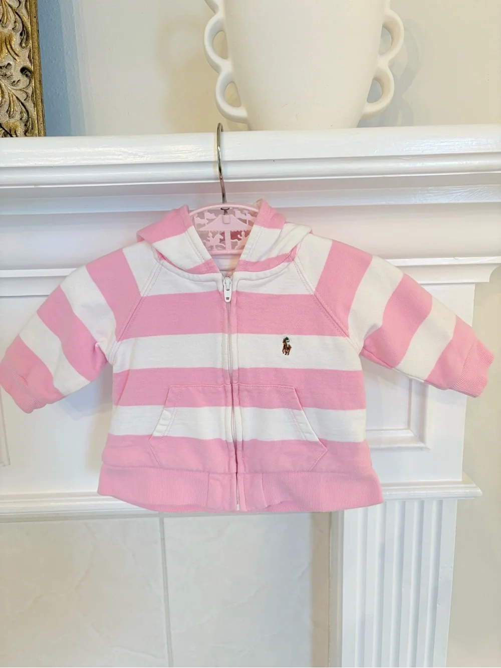 Ralph Lauren Pink and White Striped Hooded Zip Sweatshirt